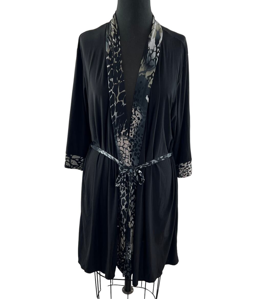 JOSIE Natori Black Robe Leopard Print Open Front Tie Waist Long Sleeve Size L